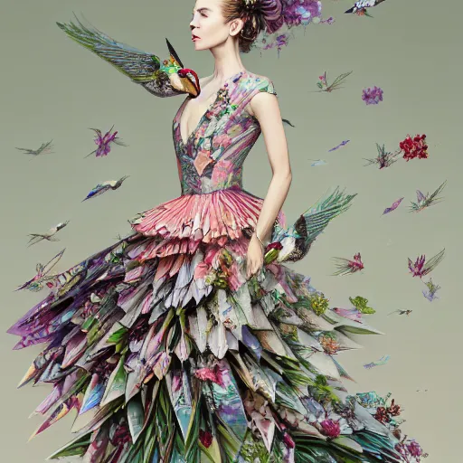 Image similar to 3 / 4 view of a beautiful girl wearing an origami dress, eye - level medium shot, fine floral ornaments in cloth and hair, hummingbirds, elegant, by eiko ishioka, givenchy, andrew atroshenko, by peter mohrbacher, centered, fresh colors, origami, fashion, detailed illustration, vogue, japanese, reallusion character creator