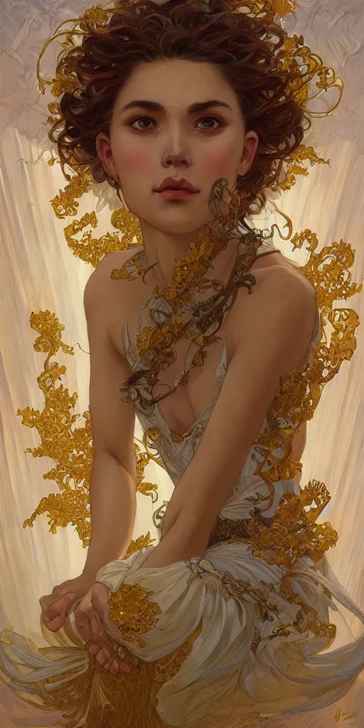 Prompt: portrait of a dream, ethereal, expressive pose, acrobatic, golden eyes, ornate frilly dress, fantasy, intricate, elegant, highly detailed, digital painting, artstation, concept art, smooth, sharp focus, illustration, art by artgerm and greg rutkowski and alphonse mucha