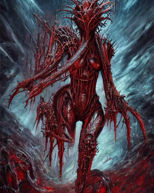 Image similar to charred bloody fleshmetal cyborg daemonhost, by antonio j. manzanedo, giger, alex grey, android jones, wayne barlowe, philippe druillet, raymond swanland, cyril rolando, josephine wall, harumi hironaka, cronenburg, trending on artstation