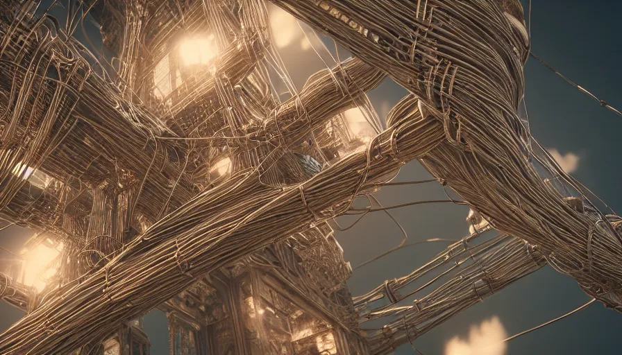 Prompt: Intricate Structure with cables wrapped around with insane Details, High Detail Rendering, Octane, Redshift, Unreal Engine 5, Cinematic Lighting, Cinematic, Depth of Field, Anamorhpic Lens, Hyperrealism, Hyperdetailed, Smooth Gradients, Color Palette