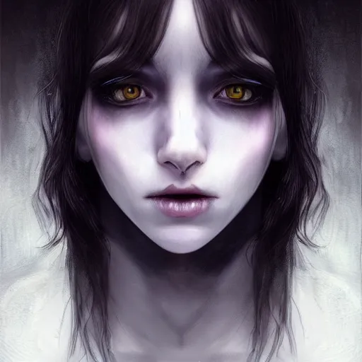 Prompt: Ethereal portrait of a creepy demonic sleep paralysis girl with dirty long dark hair, long bangs, a malicious grin, big piercing eyes, dim lighting, medium shot, by artgerm and WLOP