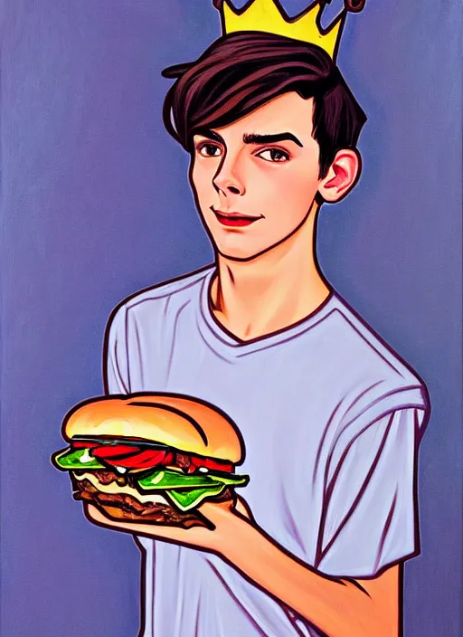 Image similar to oil painting, teenage jughead jones, wears a light grey crown, and devours a hamburger, intricate, elegant, highly detailed, pinocchio nose, lighting, painting, artstation, smooth, illustration, art by greg rutowski and alphonse mucha