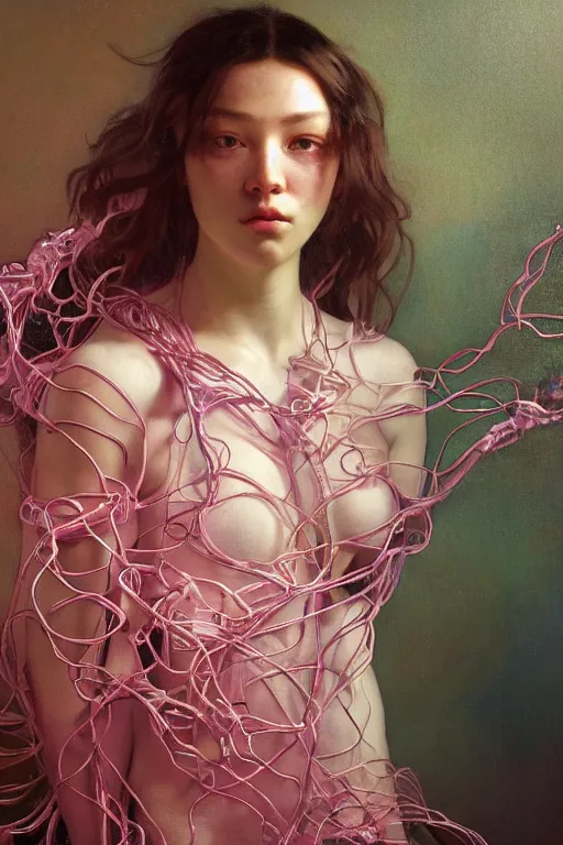 Prompt: hyperrealist portrait of elijah zu bailey, pink, it is decorated with long wires that fall like vines and wears small computers over their body. by jeremy mann and alphonse mucha, fantasy art, photo realistic, dynamic lighting, artstation, poster, volumetric lighting, very detailed faces, 4 k, award winning