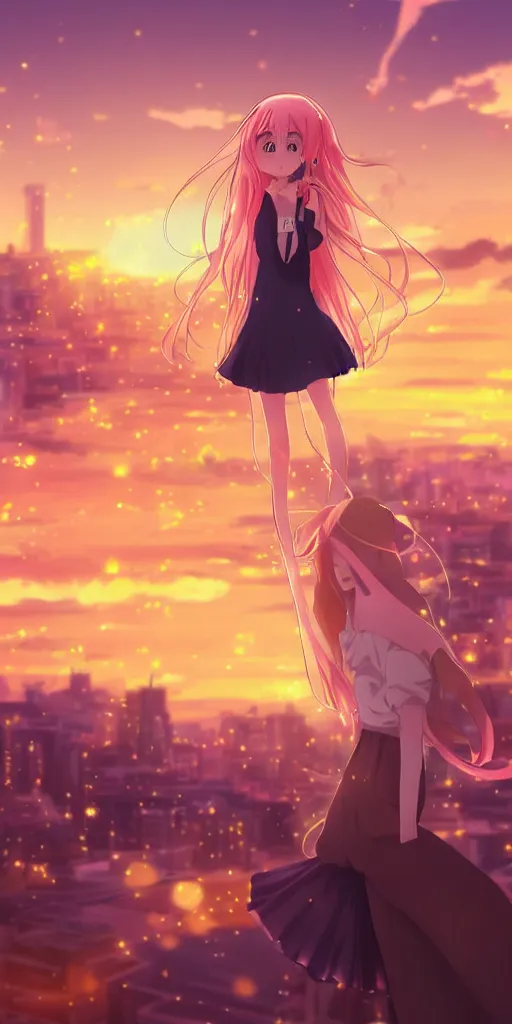 Image similar to anime art, anime key visual of a cute elegant anime girl with pink hair and big eyes, city rooftop at sunset with clouds, golden hour sunset, background blur bokeh!, beautiful lighting, high quality illustration, studio ghibli