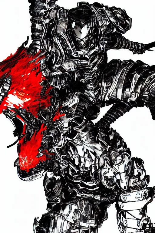 Prompt: a drawing of a flaming cybernatic samurai, red armor by yoji shinkawa and tsutomu nihei, detailed art, highly detailed, trending on artstation