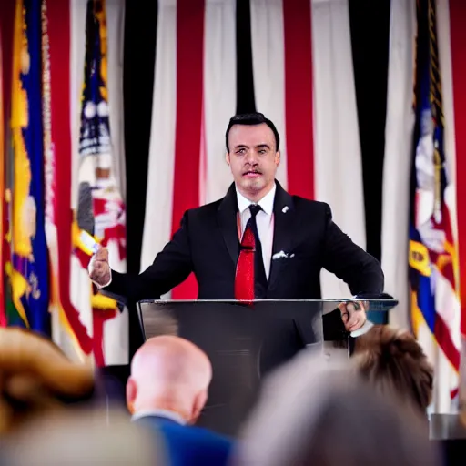 Image similar to a fox animal dressed in a suit giving a presidential speech, 8 5 mm f / 1. 4