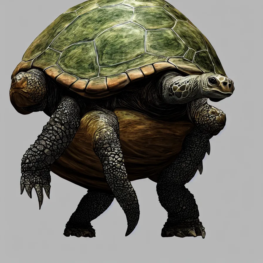 Prompt: a giant turtle standing!!! upright!!!, two tusks!! can be seen coming protruding out of the mouth, concept art, artstation, extremely detailed!!!