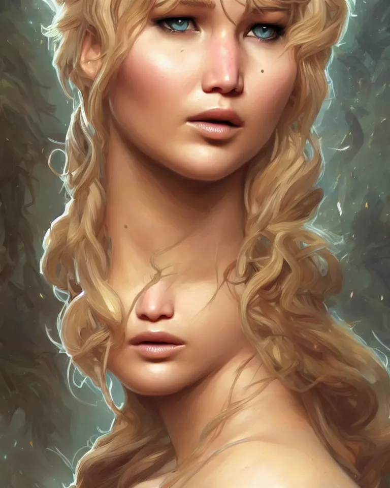 Image similar to Jennifer Lawrence, closeup, D&D, fantasy, intricate, elegant, highly detailed, digital painting, artstation, concept art, matte, sharp focus, illustration, hearthstone, art by Artgerm and Greg Rutkowski and Alphonse Mucha