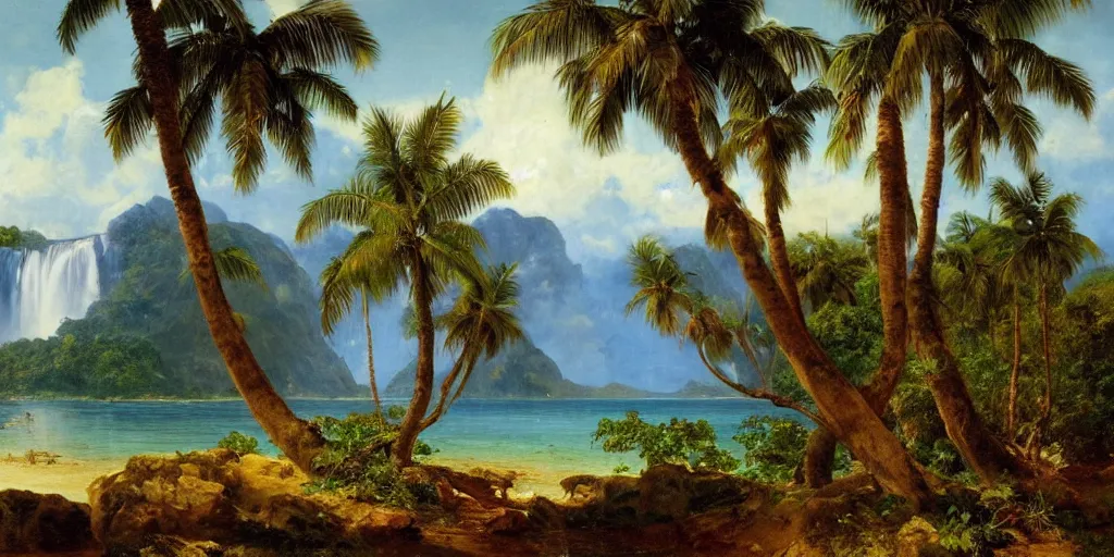 Prompt: a beautiful landscape painting of a tropical island with waterfall and palm trees, by frederic edwin church, oil on canvas, highly detailed, hd, 4 k