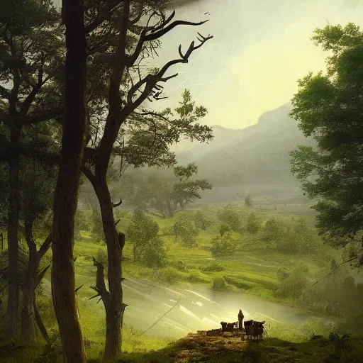 Image similar to a homesteader standing on the porch of his log cabin. pastoral tribute to caspar david friedrich. a wide expansive valley with verdant foliage, tall broad oaks, a beautiful pellucid river running betwixt gorgeous igneous rock driven up by glaciers borderlands cel-shading illustration ismail inceoglu