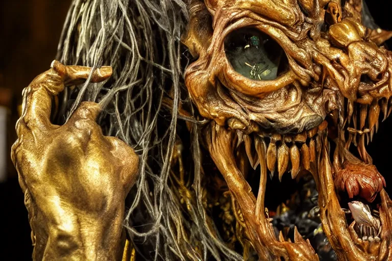 Prompt: photo taken of an epic intricate, ultra detailed, super realistic sculpture of a nightmarish hellish demonic grim reaper animatronic on display in a workshop, created by weta workshop, zoomed in shots, photorealistic, sharp focus, f 0. 4, face centred, macro photography, golden ratio, golden hour