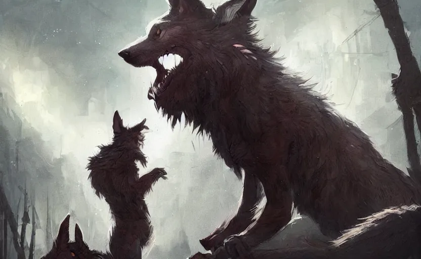 Image similar to A painting of a cabbit finds himself surrounded by a clan of tribal werewolves trending on artstation in the style of Greg Rutkowski