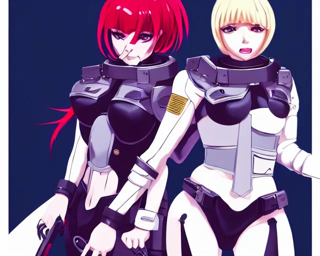 Image similar to anime visual, portrait of 2 buxom female battle sisters, wearing impractical female armour, space station hanger interior, cinematic luts, dynamic pose, dynamic perspective, strong silhouette, anime cels, ilya kuvshinov, crisp and sharp, rounded eyes, moody, cool colors, art style by kevin siembieda, palladium books