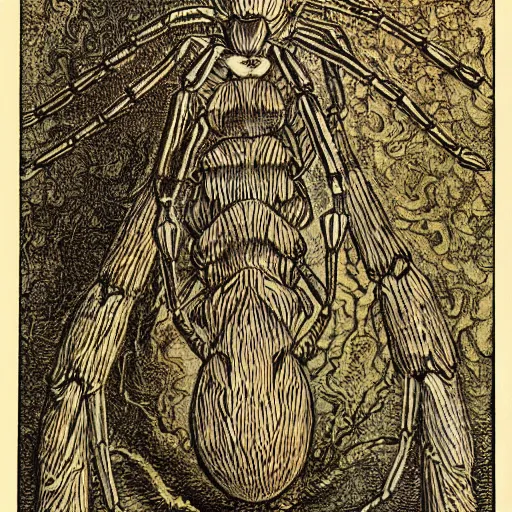 Image similar to a girl with a spider, colored woodcut, flat pastel colors, by Mackintosh, art noveau, by Ernst Haeckel, by Gustave Dorè