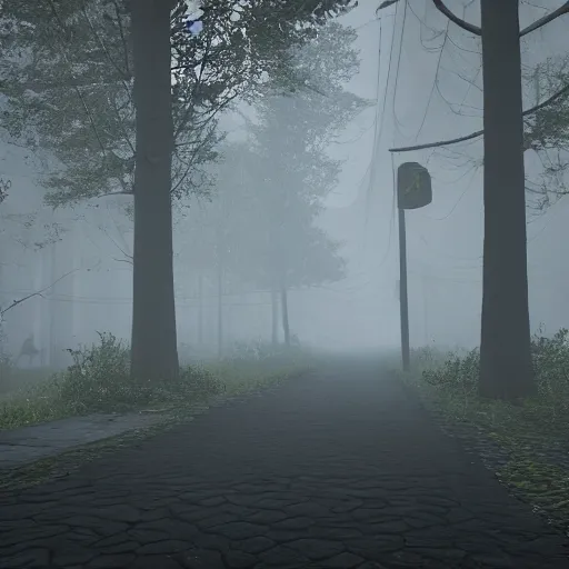 Prompt: walking through silent hill. Unreal Engine. HDR. 8K.