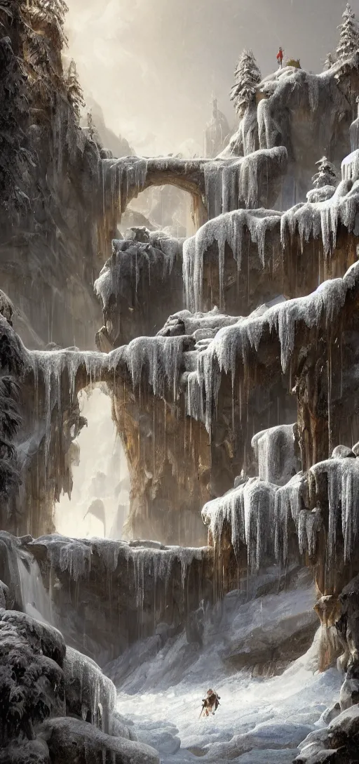 Prompt: a gigantic palace made of crystal stone with arches and bridge on top of a waterfall in the snow, blizzard, a small stream runs beneath the waterfall, landscape, raphael lacoste, eddie mendoza, alex ross, concept art, matte painting, highly detailed, rule of thirds, dynamic lighting, cinematic, detailed, denoised, centerd