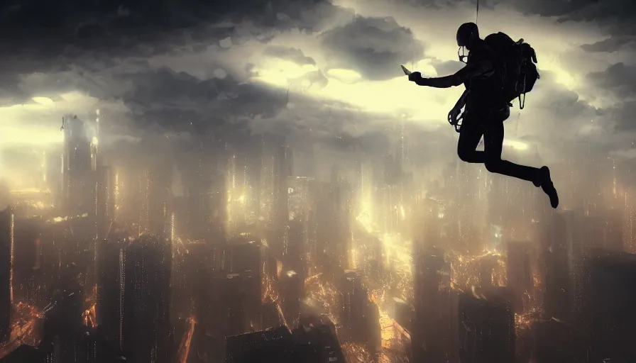 Image similar to man parachuting into a dark cyberpunk city through clouds, volumetric lighting, dystopia, artstation, concept art, painting