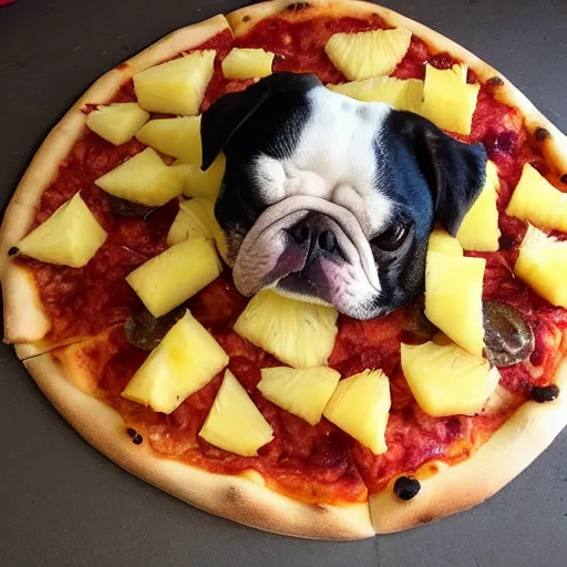 Prompt: dog shaped pineapple toppings on a pizza