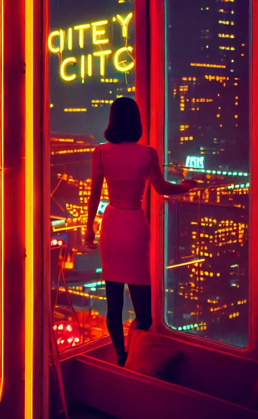 Image similar to vertical portrait of girl in 5 0's retro restaurant interior, neon - decorated urban on night in the city seen through the window, modern interior design, architectural design, vintage, night blade runner, dark, postapocalyptic, clean lines, 4 k, octane, asian futuristic city at distance, big windows, octane, wide angle