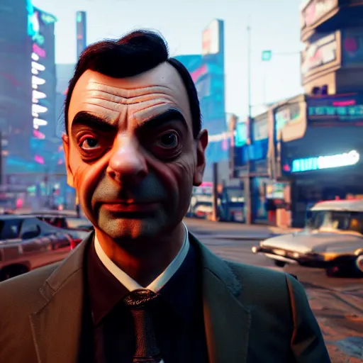 Prompt: mr. bean in cyberpunk 2 0 7 7, highly detailed, extremely high quality, hd, 4 k, 8 k, canon 3 0 0 mm, professional photographer, 4 0 mp, lifelike, top - rated, award winning, realistic, detailed lighting, detailed shadows, sharp, no blur, edited, corrected, trending