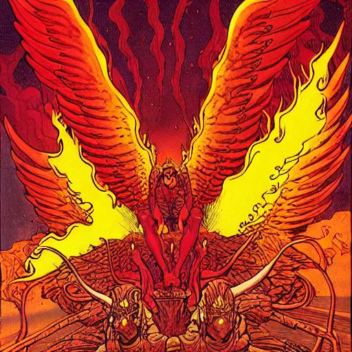 Image similar to vision of hell with winged demons flying over the flames, art by moebius