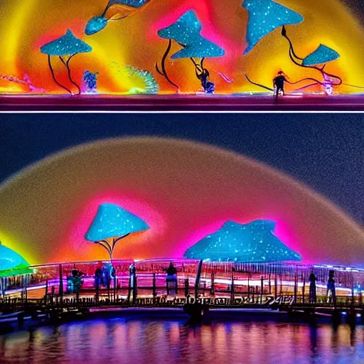Prompt: vivid, robust by skottie young, by elena paraskeva. a kinetic sculpture of a group of flying islands, each with its own unique landscape, floating in the night sky. the islands are connected by a network of bridges. a small group of people can be seen walking along one of the bridges.