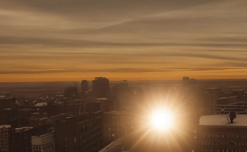 Image similar to low angle photo of sunrise view of buffalo new york as seen from a bus window, scene from being john malcovich film directed by charlie kaufman ( 2 0 0 1 ), moody cinematography and lighting, 2 4 mm anamorphic lens