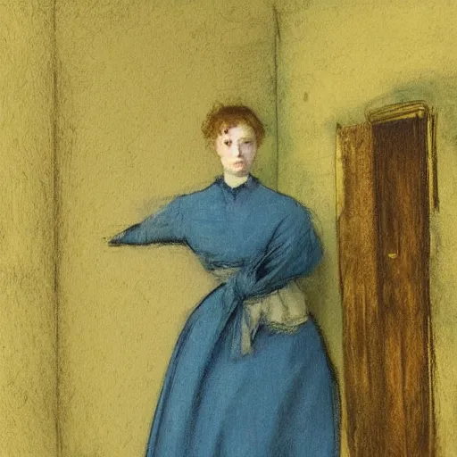 Image similar to an elegant girl in a liminal abandoned room, blue and gold, old polaroid by goya, by pontormo, digital painting, jugendstil, art noveau, strong lights, flat colors, pastel colors, highly detailed,