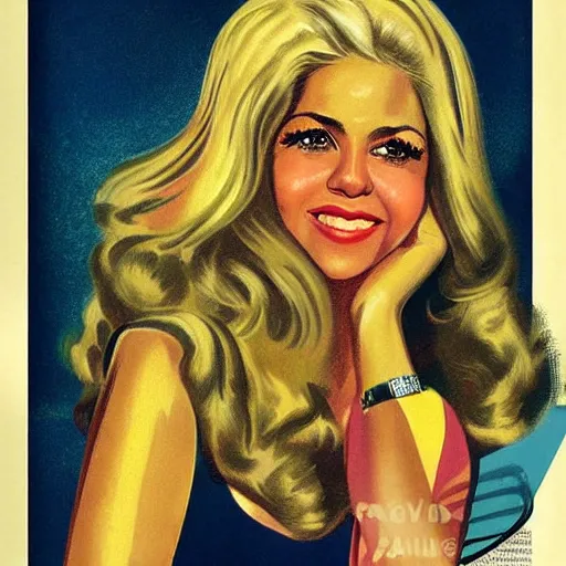 Prompt: “Shakira portrait, color vintage magazine illustration 1950”