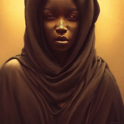 Image similar to a portrait of a young black woman wearing a long dark cloak, hood and shadows covering face, anatomically correct, beautiful perfect face, enigmatic, oil painting, matte painting, black background, Volumetric Golden dappled dynamic lighting, Highly Detailed, Cinematic Lighting, Unreal Engine, 8k, HD, by Beksinski