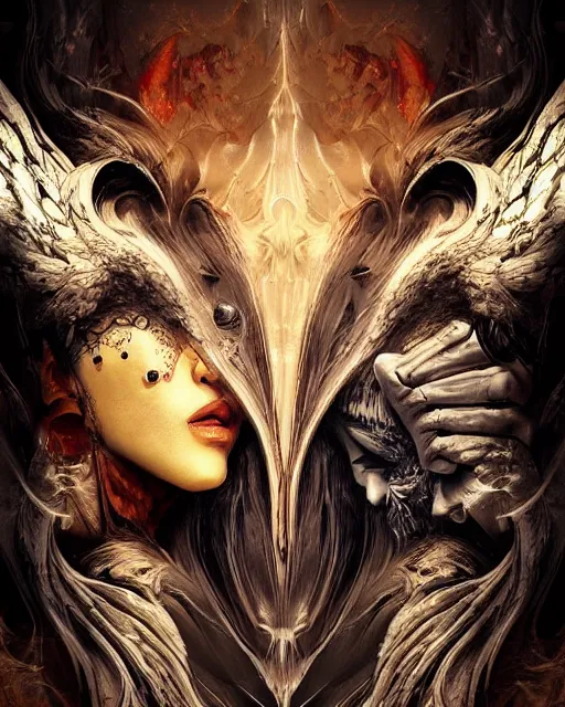 Image similar to epic art poster angel vs demon split face. close up extremely detailed trending on artstation award - winning art