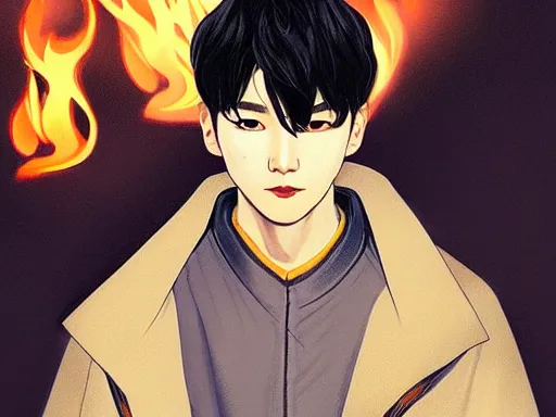 Image similar to portrait MIN YOONGI is ZUKO, night time, dynamic lighting , looking at his FIRE SCAR reflection, +++ super super super dynamic posing, J.C LEYENDECKER, thick eyebrows, super DYNAMIC serious facial expression