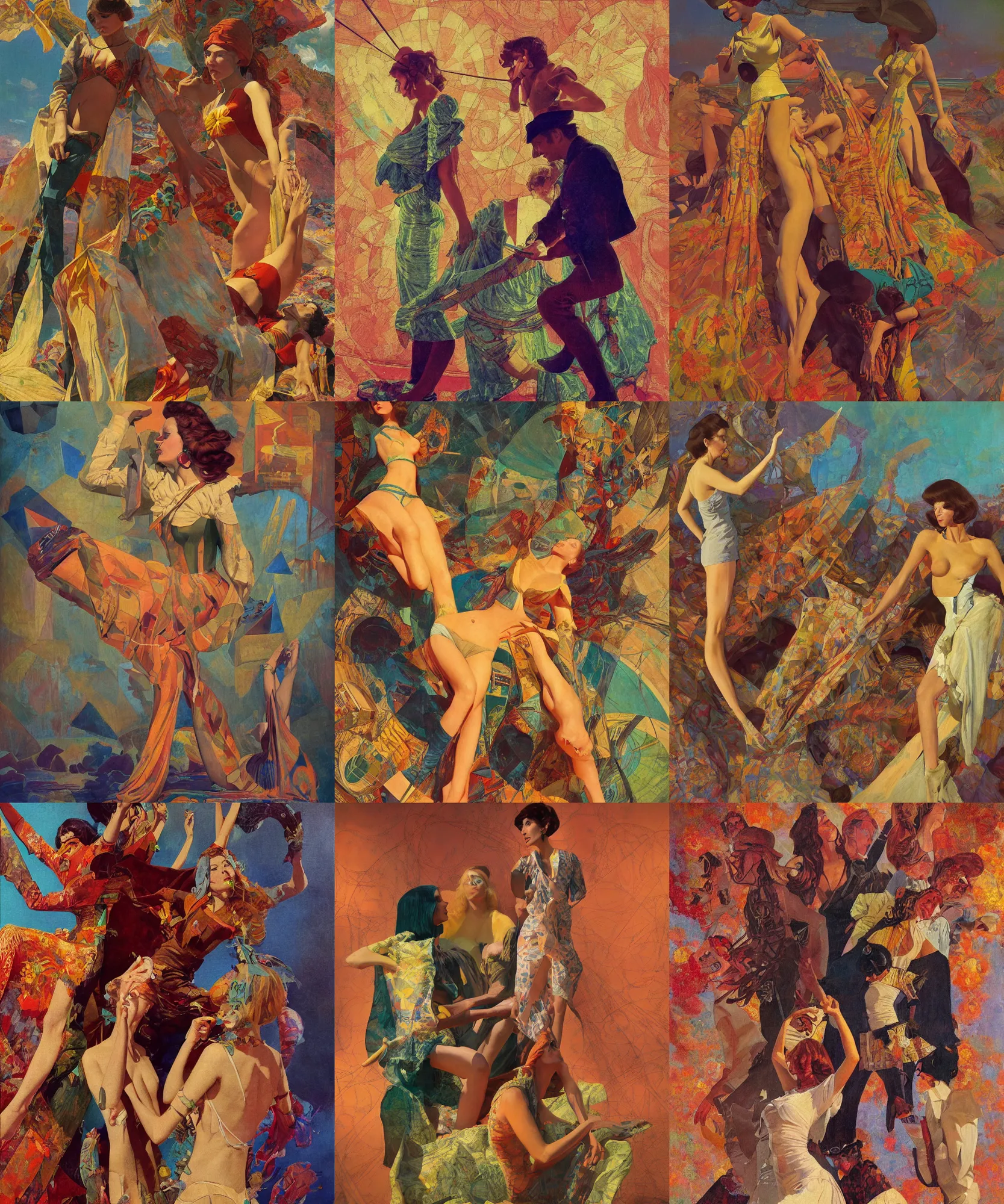 Image similar to pulp art, 1970s hippie cloth style, artwork by Joseph Leyendecker and Hugh Ferriss and gil elvgren and ilya repin and sergey kolesov, geometric shapes, impressionism, soviet paintings, 3d octane blender render, progressive rock album cover