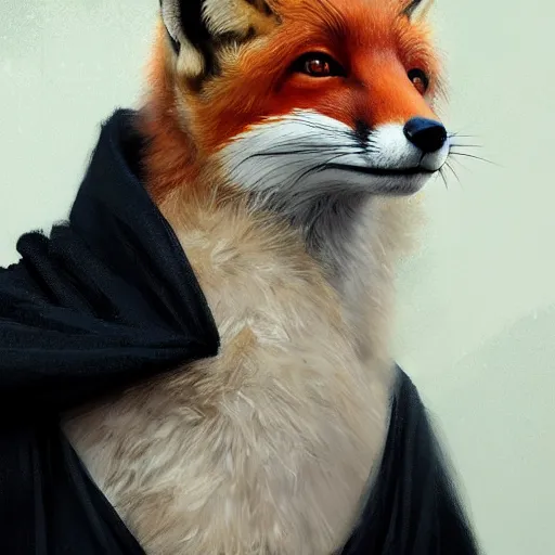 Prompt: A portrait of an anthropomorphic fox in a black robe by Greg Rutkowski, artstation, 8k, Norman Rockwell