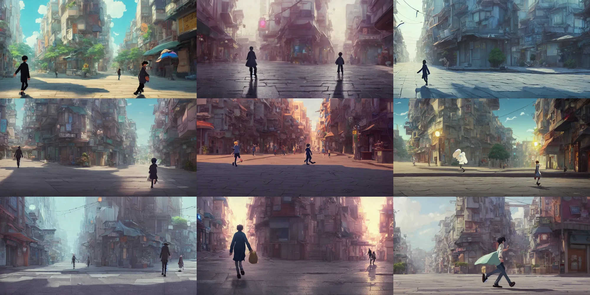 Image similar to a wholesome animation key shot of a person walking in the streets being knocked down by the wind, medium shot, waist up, studio Ghibli, Pixar and Disney animation, sharp, Rendered in Unreal Engine 5, anime key art by Greg Rutkowski, Bloom, dramatic lighting