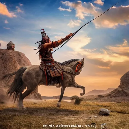 Image similar to tula the mongolian warrior firing his bow and arrow from the ancient lands of taran, highly detailed, ultrawide lens, photography award of the year 2 0 2 0