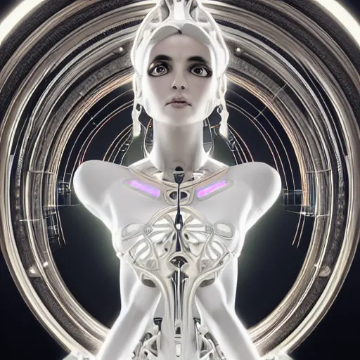 Image similar to symmetrical feminine cyborg goddess rendered in Cinema 4D and Octane and Unreal Engine 5, elegant cybernetic body and ornate futuristic outfit, glowing white neon eyes, platinum and obsidian flowing long hair, art by Artgerm, Beeple and Alphonse Mucha, hyperrealism, full body photogenic shot, digital render, cinematic lighting ornate earrings, 8k resolution, masterpiece work