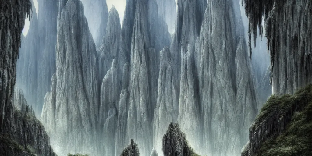 Prompt: Argonath statues at the River Anduin, Pillars of the Kings, evening, detailed matte painting, low angle view, cinematic, Alan Lee, Artstation