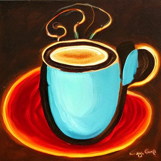 Image similar to art style using light beans and wires is adoperated to picture a cup of coffee running. painting