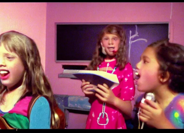 Prompt: A 10-years-old girl singing on the small stage in her room. Home video footage, Color VHS picture quality with mixed noise, Filmed by dad.