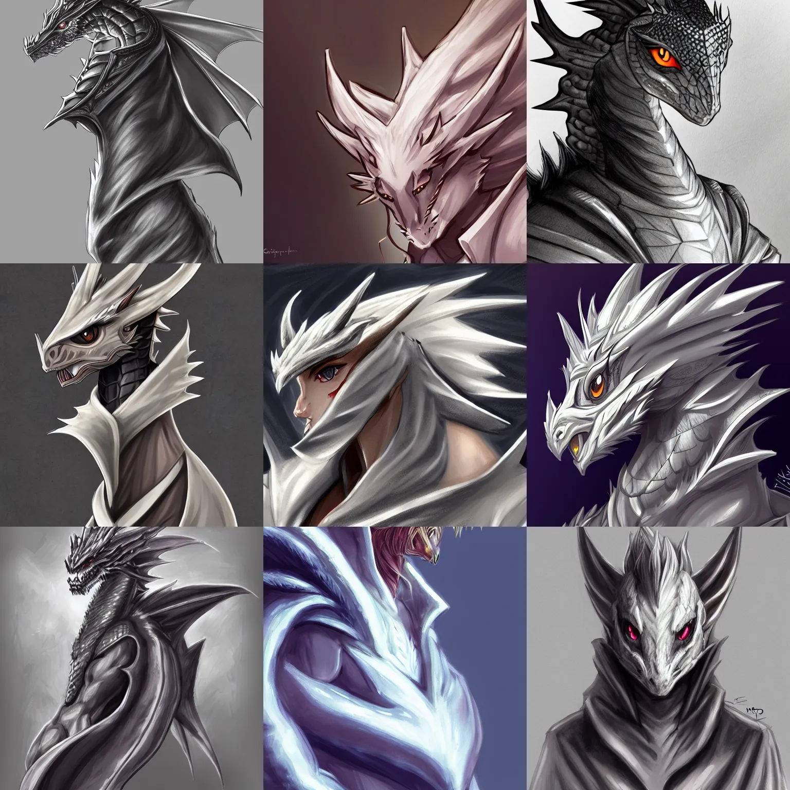 Image similar to very very beautiful half body side angle portrait of a handsome young anthropomorphic silver dragon, soft draconic features, cute eyes, wearing a luxurious silk cloak, commission on furaffinity, artstation, high quality sketch, warm colors