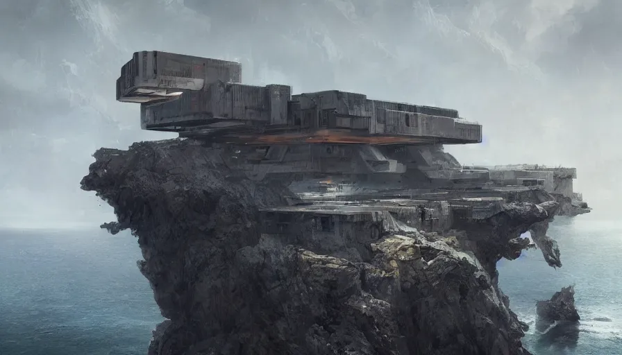 Image similar to coastal imperial brutalist base perched on a cliff overlooking a magnificient bay, pritzker architecture prize, jan urschel, greig fraser, by james gurney, greg rutkowski, highly detailed digital art, artstation