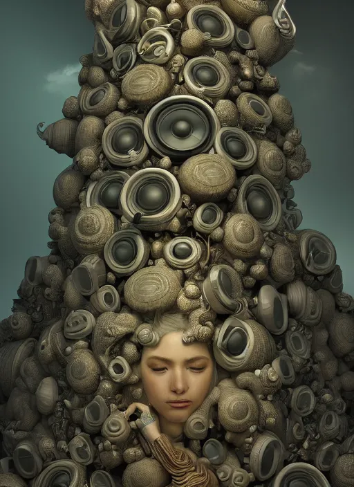 Prompt: highly detailed surreal vfx portrait of a 3 d landscape of stacks of recursive speakers, polyphonic ecstacy, ornate, hyperrealistic, octane render, chiaroscuro, inspired by james jean, mandelbulb 3 d, android jones, beeple, rhads, alphonse mucha, frostbite 3 engine