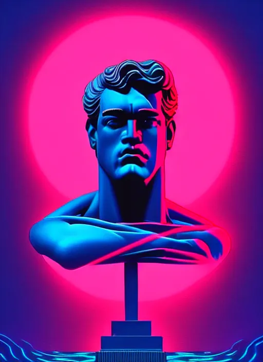 Image similar to statue of hercules, beeple, android jones, ( ( ( ( ( dan mumford ) ) ) ) ), vaporwave, retrowave, black background, neon wiring, black, glitch, strong contrast, cuts, pinterest, trending on artstation