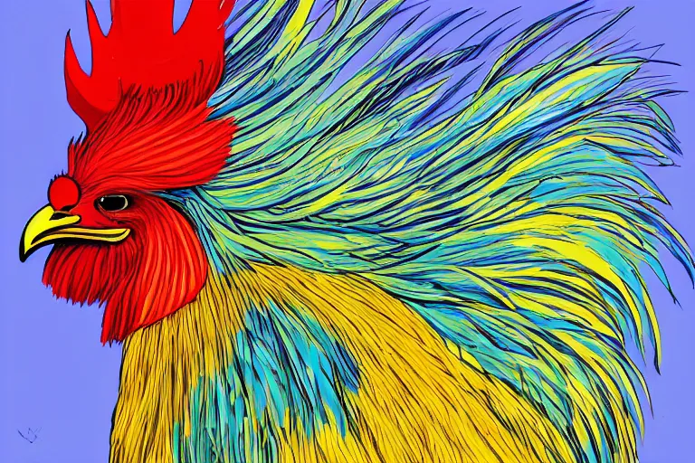 Image similar to illustration of a rooster with feathers of many colors, by karl wilhelm de hamilton and liam cobb, lively colors, portrait, sharp focus, colored feathers