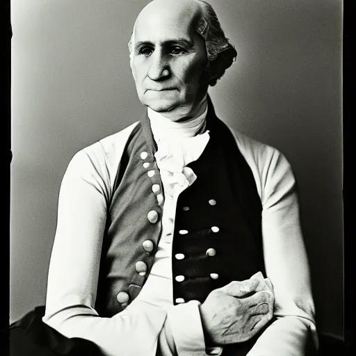 Image similar to photo of bald George Washington by Diane Arbus, 2022, black and white, high contrast, Rolleiflex, 55mm f/4 lens