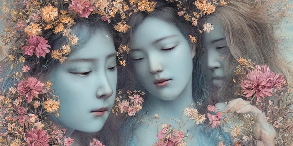 Prompt: breathtaking detailed concept art painting portrait of two goddess of light blue flowers by hsiao - ron cheng, carroty hair, orthodox saint, with anxious piercing eyes and amalgamation of leaves and flowers, vintage illustration pattern background with bizarre compositions and blend of flowers, fruits, birds by beto val and john james audubon, exquisite detail, extremely moody lighting, 8 k