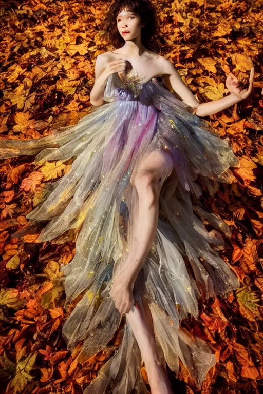 Image similar to masterwork full body photograph of astrid berges frisbey as a fairy. highly detailed sharp focus face. wearing a dress made out of stars. resting on a background of autumn leaves. fluid, dreamy, ethereal, vivid colours. wow! cinematic lighting. trending on artstation. cgsociety. by moebius. megapixels.