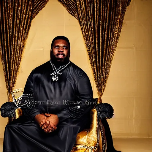 Image similar to Large black man sitting on throne wrapped in silk, background made of large folding curtains, dark, hyper detailed, hyper realistic, 8K phot realistic, black and white color, dimly lit, dark,