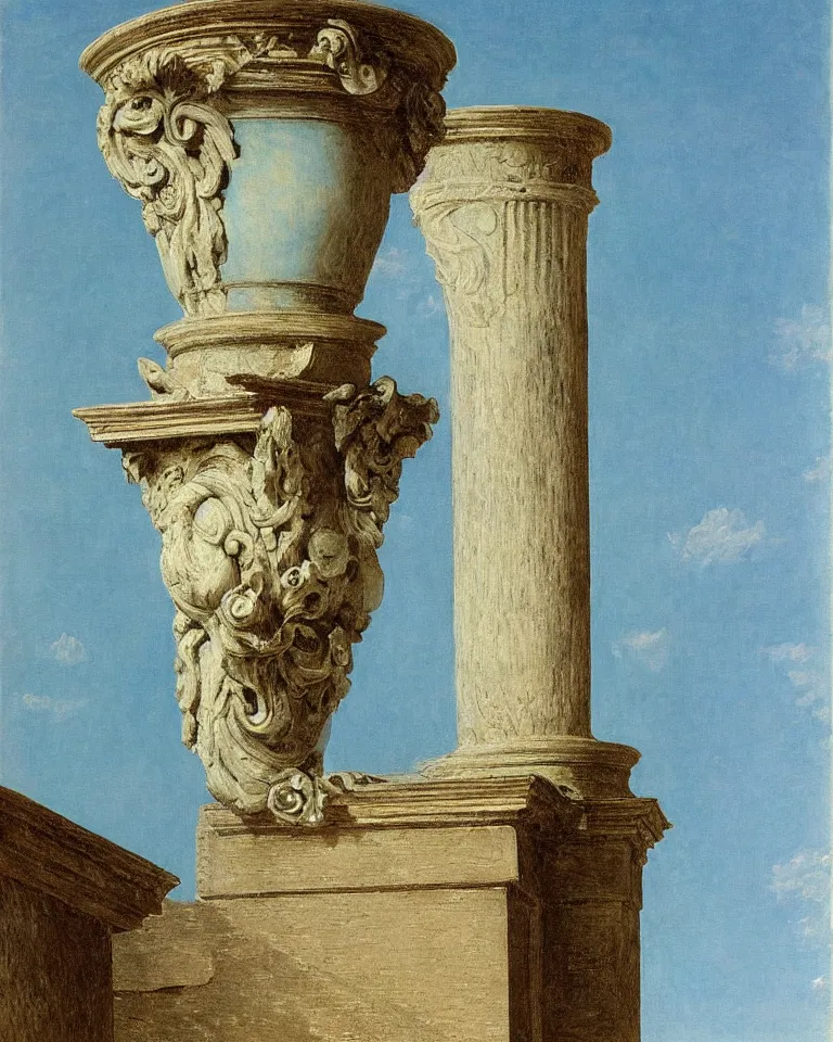 Image similar to achingly beautiful painting of intricate ancient roman corinthian capital on a baby blue background by rene magritte, monet, and turner. giovanni battista piranesi.